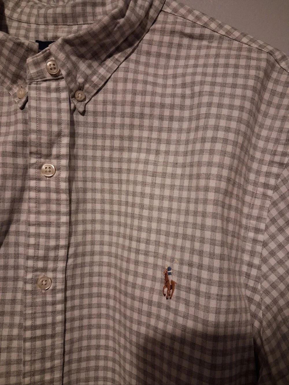 Polo Ralph Lauren Shirt Mens XL Grey Gingham Slim Fit Button Oxford Flesh Pony